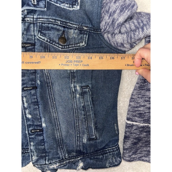 Free People Women's Cotton Denim Jean Woven Knit Sleeves Hoodie Jacket Blue Gray - Picture 9 of 10
